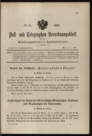 Post- und Telegraphen-Verordnungsblatt für das Verwaltungsgebiet des K.-K. Handelsministeriums 18870604 Seite: 1