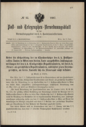 Post- und Telegraphen-Verordnungsblatt für das Verwaltungsgebiet des K.-K. Handelsministeriums 18870610 Seite: 1