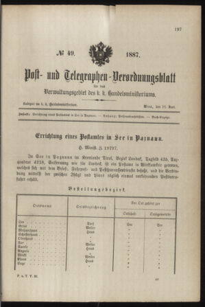 Post- und Telegraphen-Verordnungsblatt für das Verwaltungsgebiet des K.-K. Handelsministeriums 18870616 Seite: 1