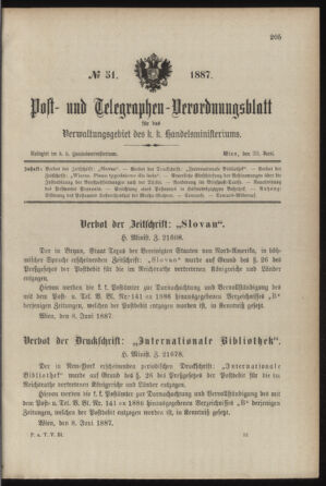 Post- und Telegraphen-Verordnungsblatt für das Verwaltungsgebiet des K.-K. Handelsministeriums 18870620 Seite: 1