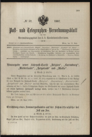 Post- und Telegraphen-Verordnungsblatt für das Verwaltungsgebiet des K.-K. Handelsministeriums 18870624 Seite: 1