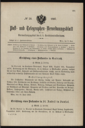 Post- und Telegraphen-Verordnungsblatt für das Verwaltungsgebiet des K.-K. Handelsministeriums