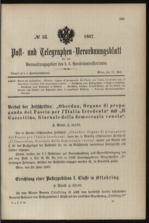 Post- und Telegraphen-Verordnungsblatt für das Verwaltungsgebiet des K.-K. Handelsministeriums 18870630 Seite: 1