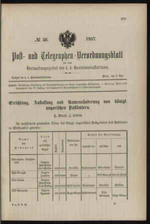 Post- und Telegraphen-Verordnungsblatt für das Verwaltungsgebiet des K.-K. Handelsministeriums 18870702 Seite: 1