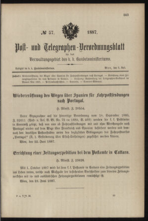 Post- und Telegraphen-Verordnungsblatt für das Verwaltungsgebiet des K.-K. Handelsministeriums 18870704 Seite: 1