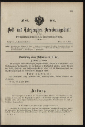 Post- und Telegraphen-Verordnungsblatt für das Verwaltungsgebiet des K.-K. Handelsministeriums 18870716 Seite: 1