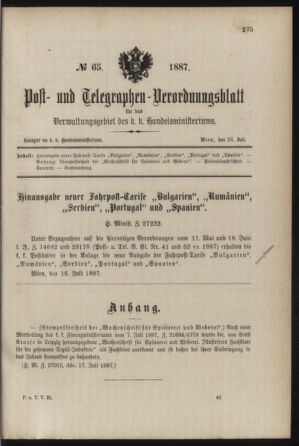 Post- und Telegraphen-Verordnungsblatt für das Verwaltungsgebiet des K.-K. Handelsministeriums 18870724 Seite: 1