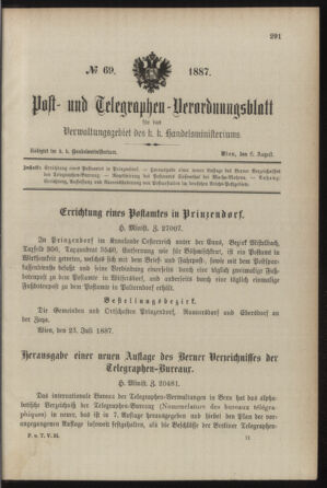 Post- und Telegraphen-Verordnungsblatt für das Verwaltungsgebiet des K.-K. Handelsministeriums 18870806 Seite: 1