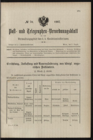 Post- und Telegraphen-Verordnungsblatt für das Verwaltungsgebiet des K.-K. Handelsministeriums 18870808 Seite: 1