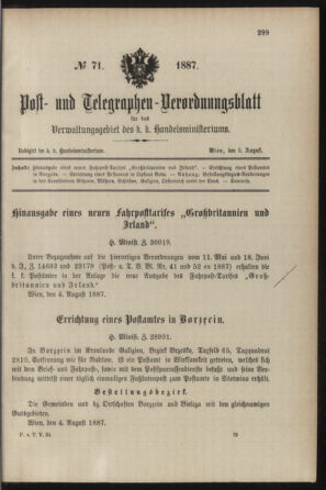 Post- und Telegraphen-Verordnungsblatt für das Verwaltungsgebiet des K.-K. Handelsministeriums 18870809 Seite: 1