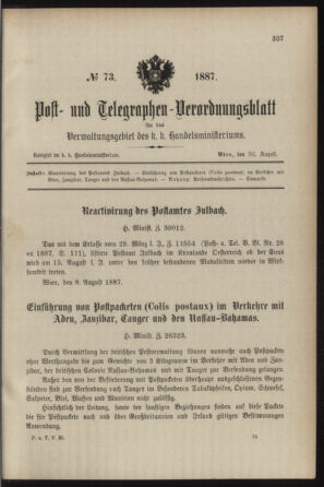 Post- und Telegraphen-Verordnungsblatt für das Verwaltungsgebiet des K.-K. Handelsministeriums 18870820 Seite: 1