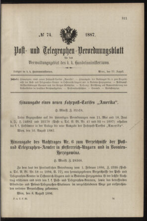 Post- und Telegraphen-Verordnungsblatt für das Verwaltungsgebiet des K.-K. Handelsministeriums 18870825 Seite: 1