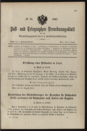 Post- und Telegraphen-Verordnungsblatt für das Verwaltungsgebiet des K.-K. Handelsministeriums 18870830 Seite: 1