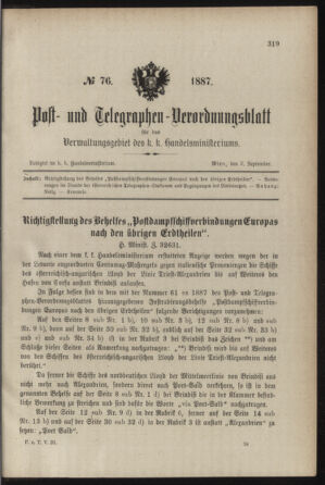 Post- und Telegraphen-Verordnungsblatt für das Verwaltungsgebiet des K.-K. Handelsministeriums 18870903 Seite: 1