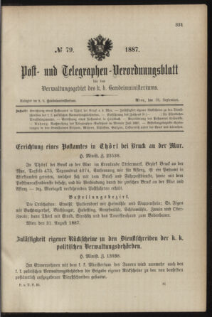 Post- und Telegraphen-Verordnungsblatt für das Verwaltungsgebiet des K.-K. Handelsministeriums 18870916 Seite: 1