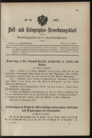 Post- und Telegraphen-Verordnungsblatt für das Verwaltungsgebiet des K.-K. Handelsministeriums 18871008 Seite: 1