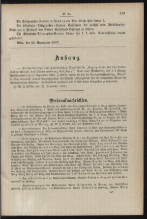 Post- und Telegraphen-Verordnungsblatt für das Verwaltungsgebiet des K.-K. Handelsministeriums 18871008 Seite: 3