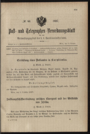 Post- und Telegraphen-Verordnungsblatt für das Verwaltungsgebiet des K.-K. Handelsministeriums 18871014 Seite: 1