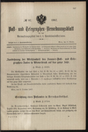 Post- und Telegraphen-Verordnungsblatt für das Verwaltungsgebiet des K.-K. Handelsministeriums 18871016 Seite: 1