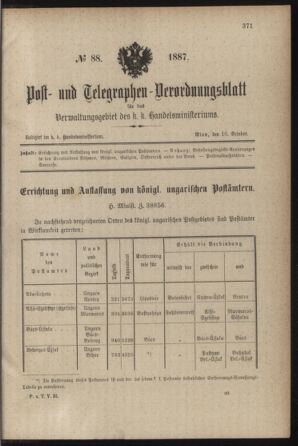 Post- und Telegraphen-Verordnungsblatt für das Verwaltungsgebiet des K.-K. Handelsministeriums 18871018 Seite: 1