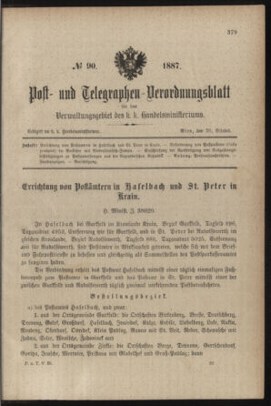 Post- und Telegraphen-Verordnungsblatt für das Verwaltungsgebiet des K.-K. Handelsministeriums 18871026 Seite: 1