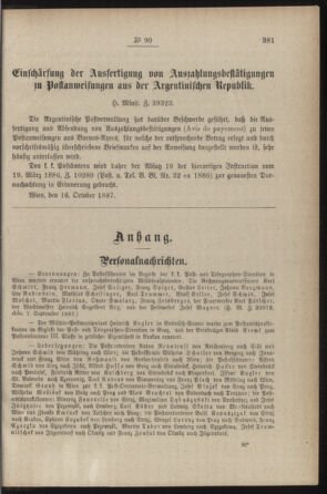 Post- und Telegraphen-Verordnungsblatt für das Verwaltungsgebiet des K.-K. Handelsministeriums 18871026 Seite: 3