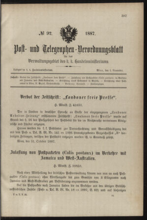 Post- und Telegraphen-Verordnungsblatt für das Verwaltungsgebiet des K.-K. Handelsministeriums 18871104 Seite: 1