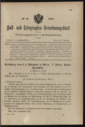 Post- und Telegraphen-Verordnungsblatt für das Verwaltungsgebiet des K.-K. Handelsministeriums 18871115 Seite: 1