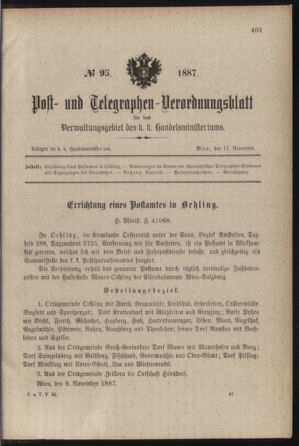 Post- und Telegraphen-Verordnungsblatt für das Verwaltungsgebiet des K.-K. Handelsministeriums 18871118 Seite: 1