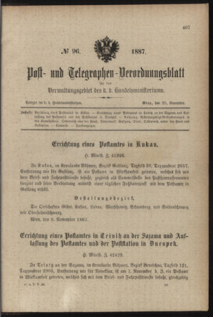 Post- und Telegraphen-Verordnungsblatt für das Verwaltungsgebiet des K.-K. Handelsministeriums 18871120 Seite: 1