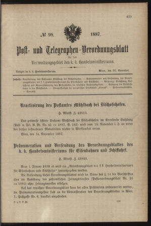 Post- und Telegraphen-Verordnungsblatt für das Verwaltungsgebiet des K.-K. Handelsministeriums 18871130 Seite: 1