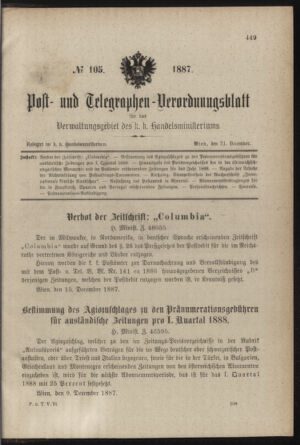 Post- und Telegraphen-Verordnungsblatt für das Verwaltungsgebiet des K.-K. Handelsministeriums 18871221 Seite: 1