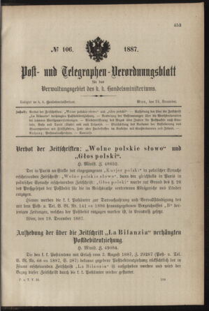 Post- und Telegraphen-Verordnungsblatt für das Verwaltungsgebiet des K.-K. Handelsministeriums