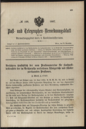 Post- und Telegraphen-Verordnungsblatt für das Verwaltungsgebiet des K.-K. Handelsministeriums 18871229 Seite: 1