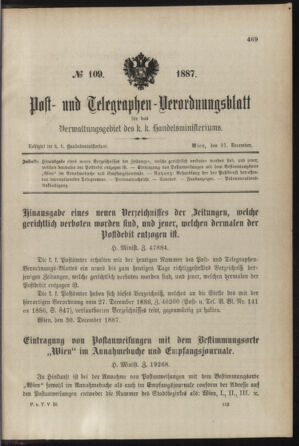 Post- und Telegraphen-Verordnungsblatt für das Verwaltungsgebiet des K.-K. Handelsministeriums 18871231 Seite: 1