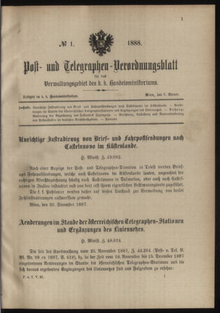 Post- und Telegraphen-Verordnungsblatt für das Verwaltungsgebiet des K.-K. Handelsministeriums 18880106 Seite: 1