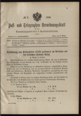 Post- und Telegraphen-Verordnungsblatt für das Verwaltungsgebiet des K.-K. Handelsministeriums 18880112 Seite: 1