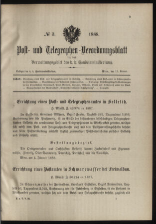 Post- und Telegraphen-Verordnungsblatt für das Verwaltungsgebiet des K.-K. Handelsministeriums 18880115 Seite: 1