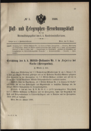 Post- und Telegraphen-Verordnungsblatt für das Verwaltungsgebiet des K.-K. Handelsministeriums 18880124 Seite: 1