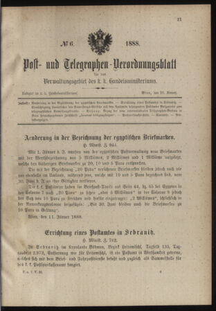 Post- und Telegraphen-Verordnungsblatt für das Verwaltungsgebiet des K.-K. Handelsministeriums 18880126 Seite: 1