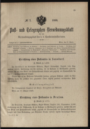 Post- und Telegraphen-Verordnungsblatt für das Verwaltungsgebiet des K.-K. Handelsministeriums 18880128 Seite: 1