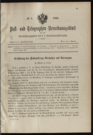 Post- und Telegraphen-Verordnungsblatt für das Verwaltungsgebiet des K.-K. Handelsministeriums 18880201 Seite: 1