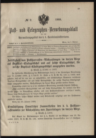 Post- und Telegraphen-Verordnungsblatt für das Verwaltungsgebiet des K.-K. Handelsministeriums 18880208 Seite: 1