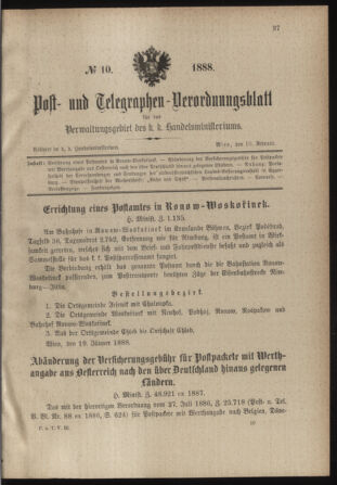 Post- und Telegraphen-Verordnungsblatt für das Verwaltungsgebiet des K.-K. Handelsministeriums 18880210 Seite: 1