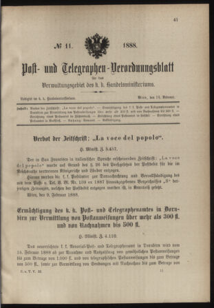 Post- und Telegraphen-Verordnungsblatt für das Verwaltungsgebiet des K.-K. Handelsministeriums 18880214 Seite: 1