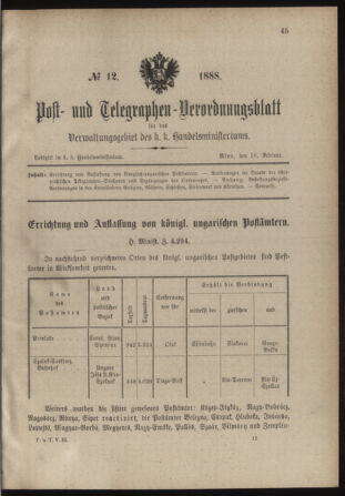 Post- und Telegraphen-Verordnungsblatt für das Verwaltungsgebiet des K.-K. Handelsministeriums 18880216 Seite: 1