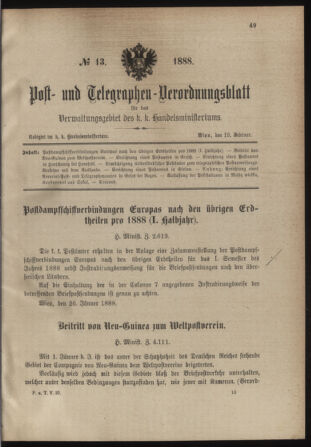 Post- und Telegraphen-Verordnungsblatt für das Verwaltungsgebiet des K.-K. Handelsministeriums 18880218 Seite: 1