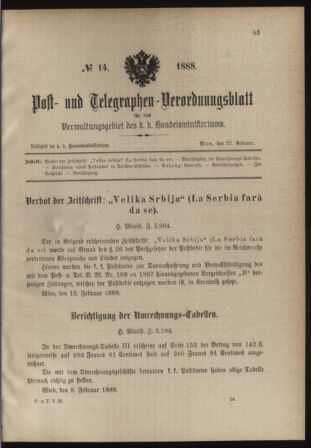 Post- und Telegraphen-Verordnungsblatt für das Verwaltungsgebiet des K.-K. Handelsministeriums 18880222 Seite: 1