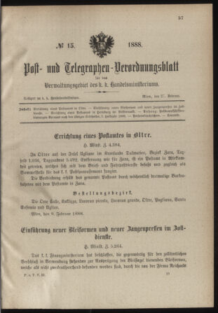 Post- und Telegraphen-Verordnungsblatt für das Verwaltungsgebiet des K.-K. Handelsministeriums 18880227 Seite: 1