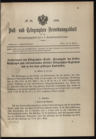 Post- und Telegraphen-Verordnungsblatt für das Verwaltungsgebiet des K.-K. Handelsministeriums 18880229 Seite: 1